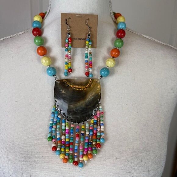 NWT Multicolor Mother of Pearl See Bead Tassel Statement Necklace and Earrings - Picture 1 of 10